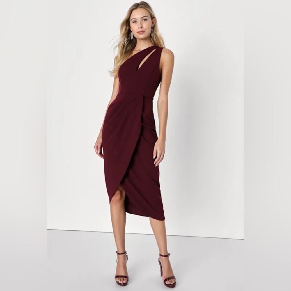 LULUS Elegant So Flirty Burgundy One-Shoulder Cutout Asymmetrical Dress